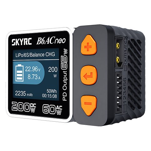 SkyRC B6AC neo – kompaktná nabíjačka AC 60 W / DC 200 W, 10 A, LiPo 1–6S, USB-C PD